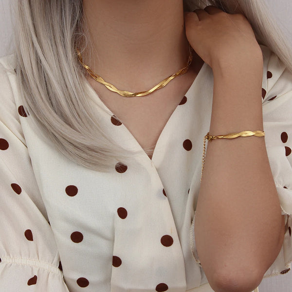"18K Gold Plated Braided Herringbone Necklace and Bracelet Set"