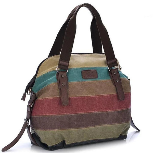 Striped Canvas Tote: Fashionable Rainbow Shoulder Bag for Women