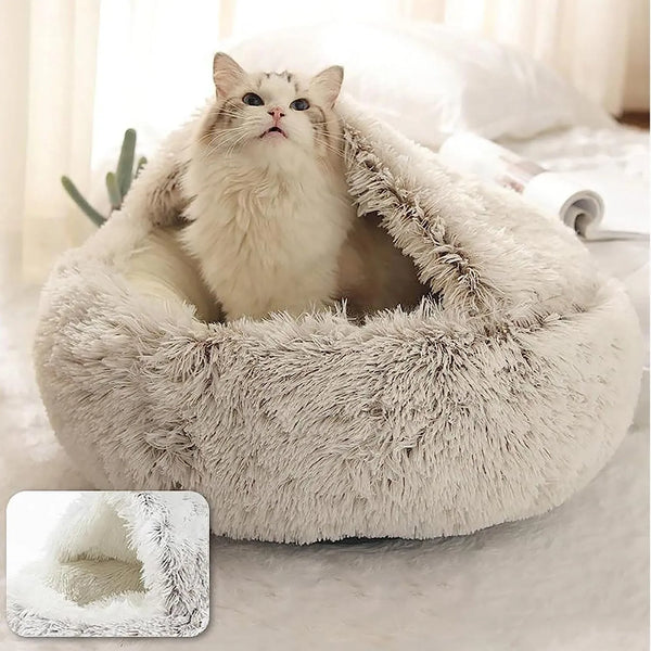 "Round Plush Pet Bed: 2-in-1 Sleeping Nest for Cats and Small Dogs"