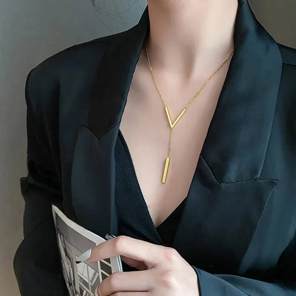 "Elegant Stainless Steel V-Shaped Pendant Necklace: Dainty and Chic Accessory for Women's Party Jewelry"