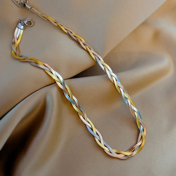 "Elegant Tricolor Hand-Braided Stainless Steel Necklace: Perfect for Parties and Everyday Glamour"